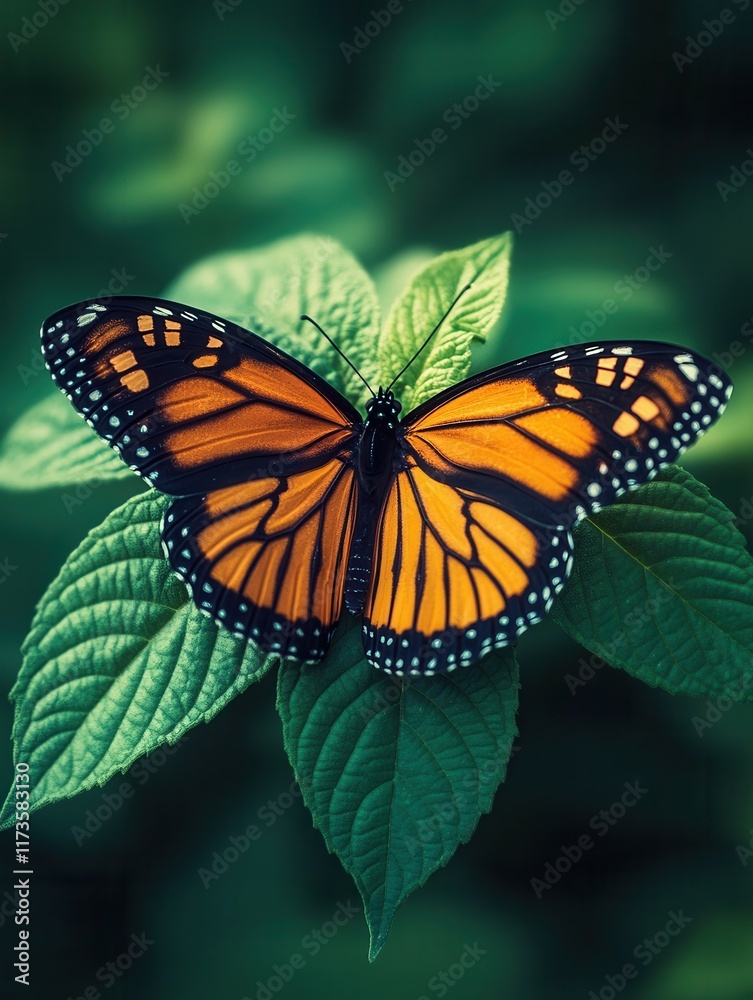 Monarch butterfly resting on green leaf in nature.