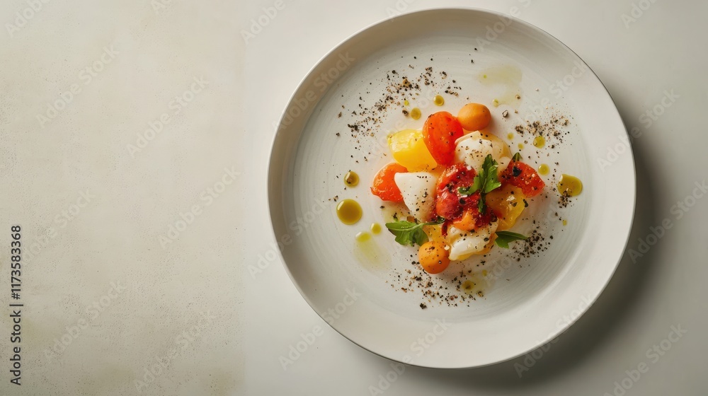 White table with vibrant gourmet dish on refined minimalist plate White table with vibrant gourmet dish on refined minimalist plate