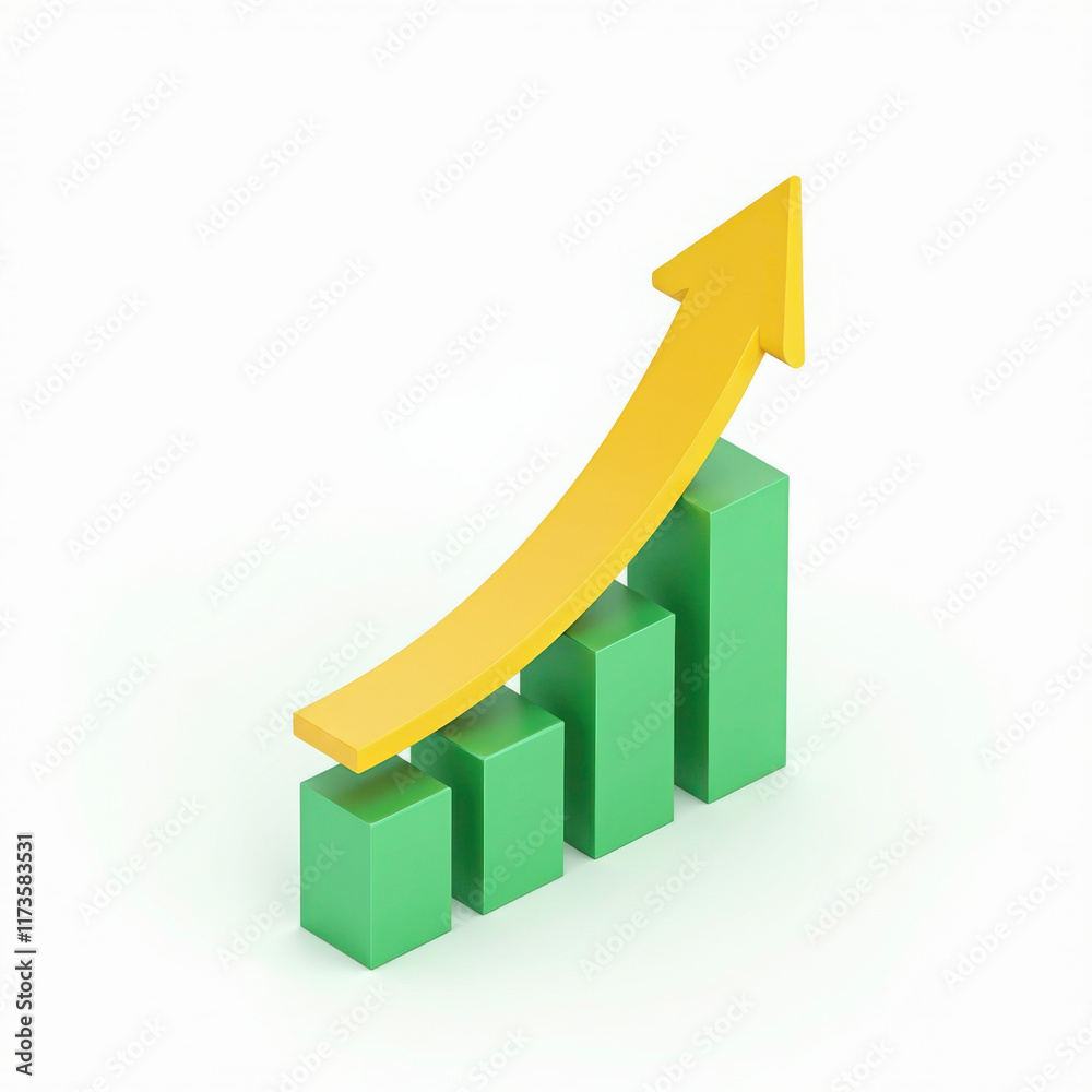 An Isometric design of a rising bar graph with an arrow pointing up, representing business progress and profit An Isometric design of a rising bar graph with an arrow pointing up, representing business progress and profit