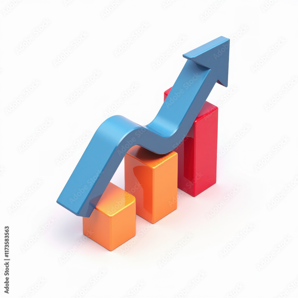 An Isometric design of a rising bar graph with an arrow pointing up, representing business progress and profit An Isometric design of a rising bar graph with an arrow pointing up, representing business progress and profit