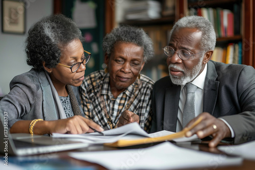 Three older people are sitting at a table looking at a piece of paper