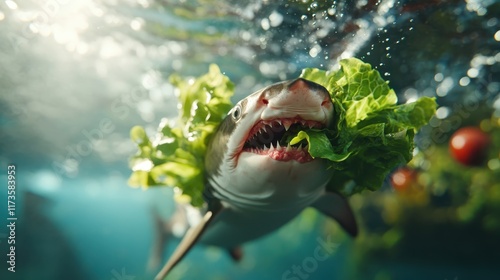 The image features a shark gracefully swimming underwater while interacting humorously with a head of lettuce, showcasing an imaginative and lively aquatic tableau.