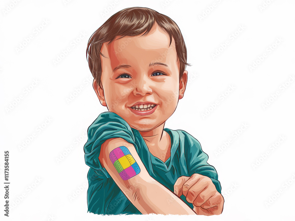 Smiling child with bandage on arm in colorful shirt Smiling child with bandage on arm in colorful shirt