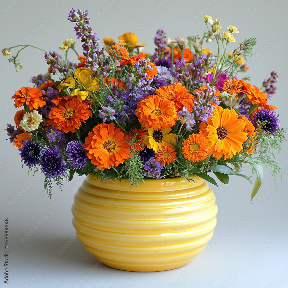 Colorful mixed flower bouquet in yellow vase on gray background for home decor Colorful mixed flower bouquet in yellow vase on gray background for home decor