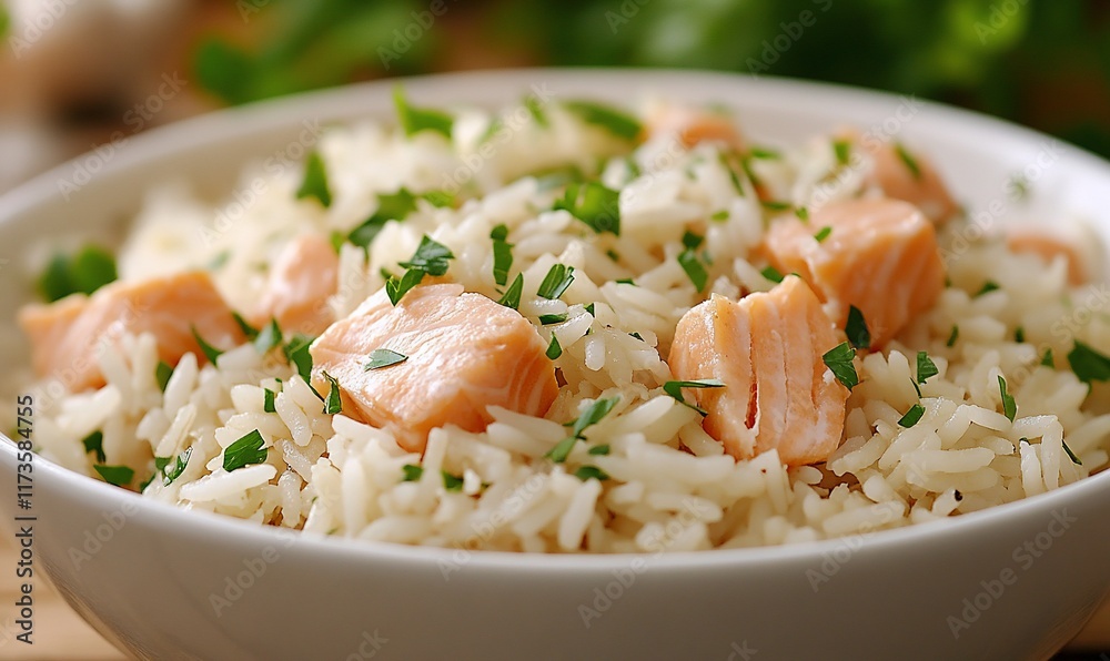 Salmon rice bowl, close-up, wooden table, healthy food, recipe Salmon rice bowl, close-up, wooden table, healthy food, recipe