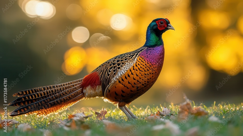 Obraz premium Vivid pheasant walking through autumn grass with colorful feathers.