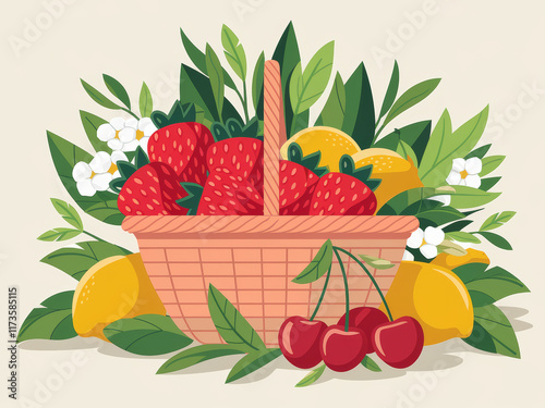 Basket of fresh strawberries, cherries, and citrus fruits with green leaves