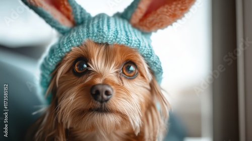 A charming little dog adorned with a blue knit hat featuring bunny ears, showcasing a whimsical and cute portrait that blends innocence and seasonal cheer. photo