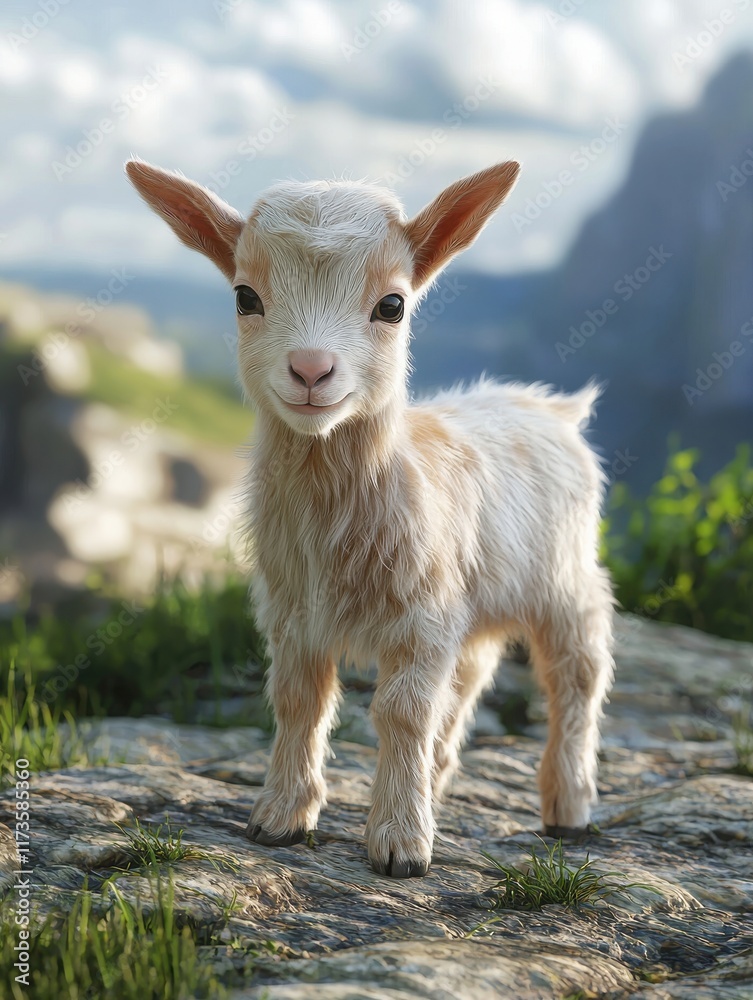 Cute young goat standing on rocky terrain in a lush green landscape with mountains in the background under a bright blue sky. Generative AI Cute young goat standing on rocky terrain in a lush green landscape with mountains in the background under a bright blue sky. Generative AI