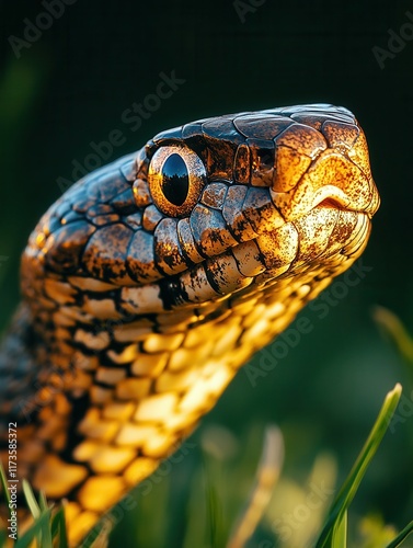 Tiger snake in grassy field with highlighted scales. photo