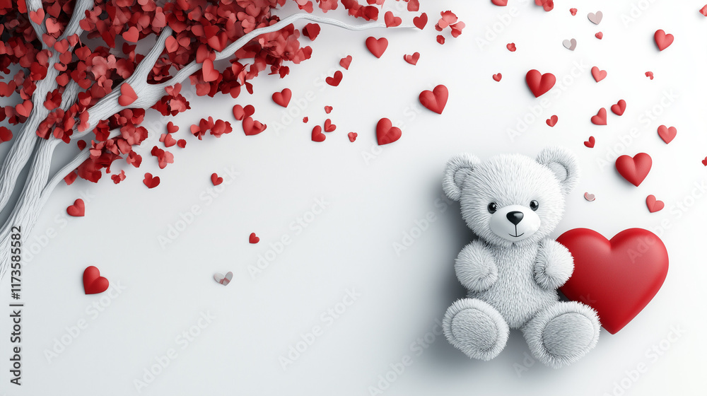 Fototapeta premium Biały pluszowy miś z czerwonymi sercami, na jasnym tle, tworzą słodki i romantyczny obrazek na Walentynki.