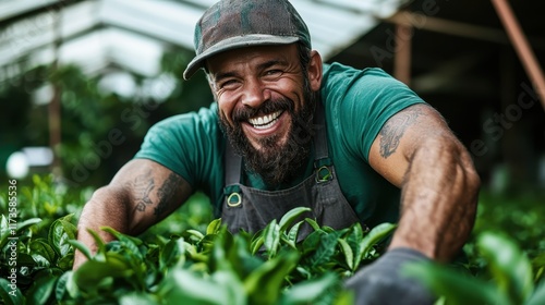 A bearded gardener with a radiant smile tends to the thriving plants inside a greenhouse, embodying enthusiasm and passion for cultivating nature. photo