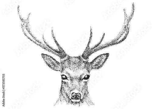 Stylized deer head drawn with black dots and spots. Illustration using pointillism technique