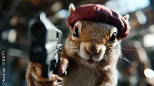 A cute squirrel, wearing a striking red beret, humorously aims an object, displaying a charming mix of playfulness and curiosity with its focused gaze. photo