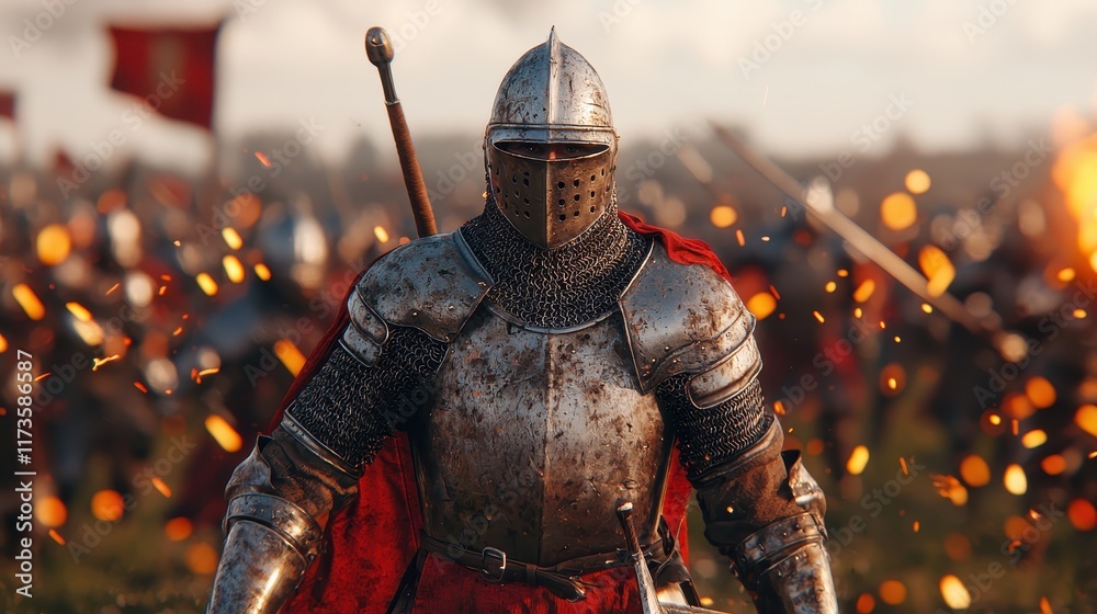 A knight in shining armor stands confidently on a battlefield, surrounded by warriors and sparks, embodying the spirit of medieval warfare. A knight in shining armor stands confidently on a battlefield, surrounded by warriors and sparks, embodying the spirit of medieval warfare.