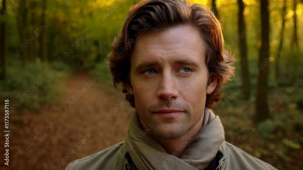 A White man strolls a tranquil forest trail, surrounded by trees adorned with vibrant yellow autumn leaves A White man strolls a tranquil forest trail, surrounded by trees adorned with vibrant yellow autumn leaves