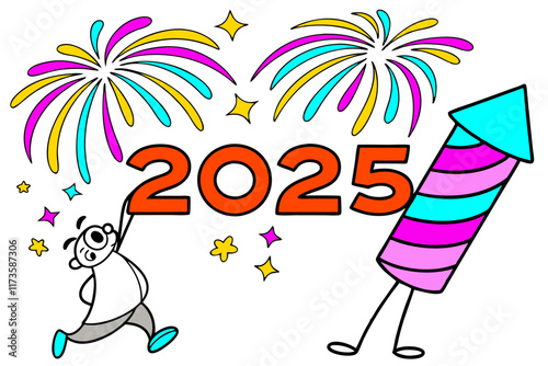 Happy New Year 2025! Cartoon Fireworks, Rocket.