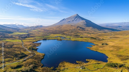 Stunning Aerial View of Croagh Patrick Mountain and Lough Feeagh, Ireland photo