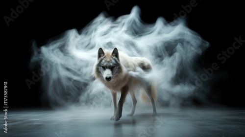 In this evocative image, an eerie wolf appears from a swirling smoke vortex, capturing the wild mystery and danger, reflective of primal nature and untamed spirit. photo