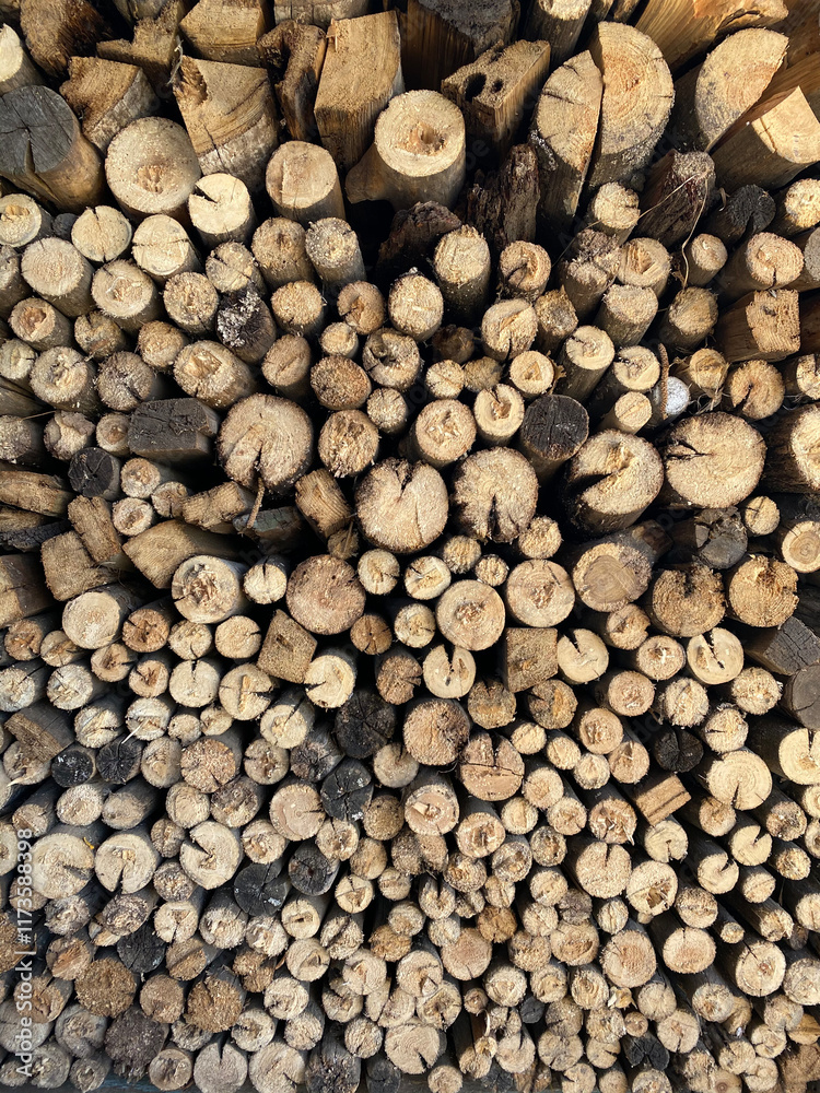 A close-up of neatly stacked firewood, showcasing natural textures and organic shapes. The arrangement highlights the earthy tones and circular patterns of freshly cut logs A close-up of neatly stacked firewood, showcasing natural textures and organic shapes. The arrangement highlights the earthy tones and circular patterns of freshly cut logs