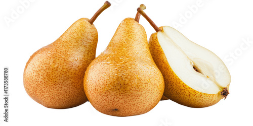 Three ripe pears, two whole and one halved, showcasing their smooth, golden skin and juicy interior. photo
