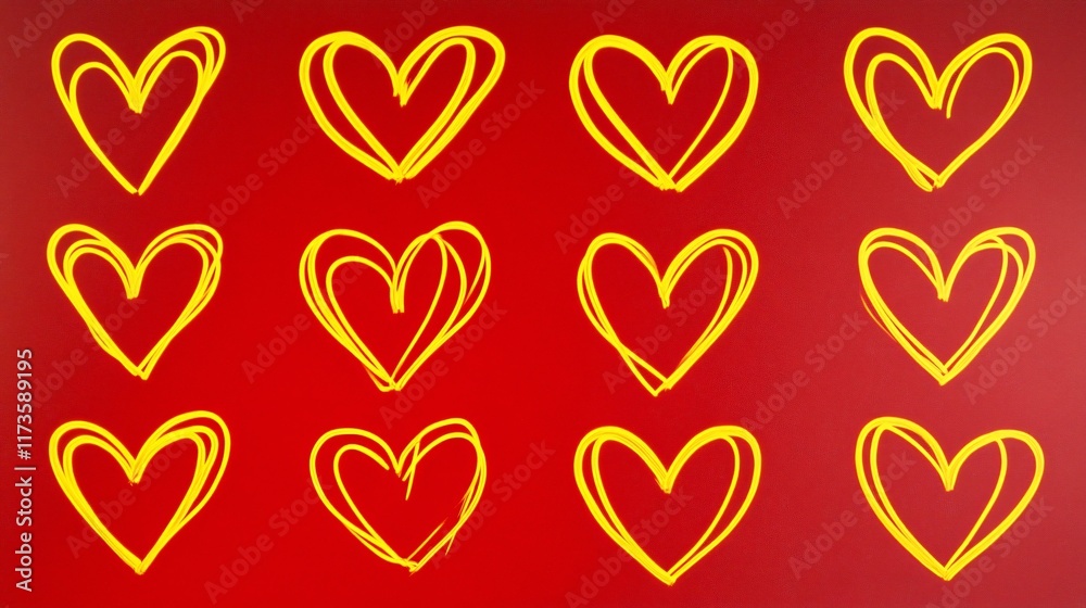 Vibrant display of hand-drawn yellow hearts on a bold red background creating a cheerful atmosphere Vibrant display of hand-drawn yellow hearts on a bold red background creating a cheerful atmosphere