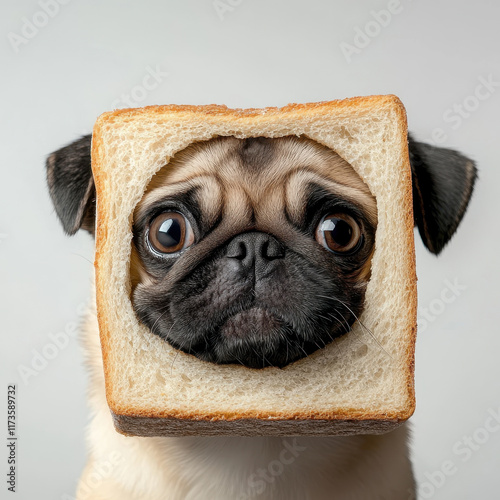 Pug with Bread Slice on Head Against White Background
