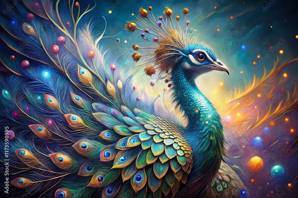 Fototapeta premium Surreal Peacock Portrait: Dreamlike Avian Majesty in Vibrant Hues