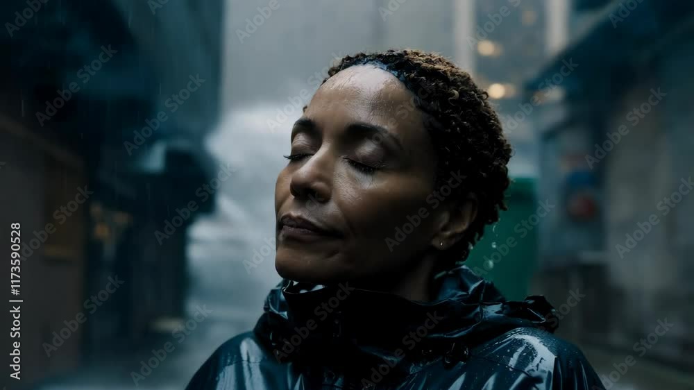A Multiracial woman stands calmly in an urban alley as heavy rain pours around her, creating a serene yet dramatic atmosphere A Multiracial woman stands calmly in an urban alley as heavy rain pours around her, creating a serene yet dramatic atmosphere