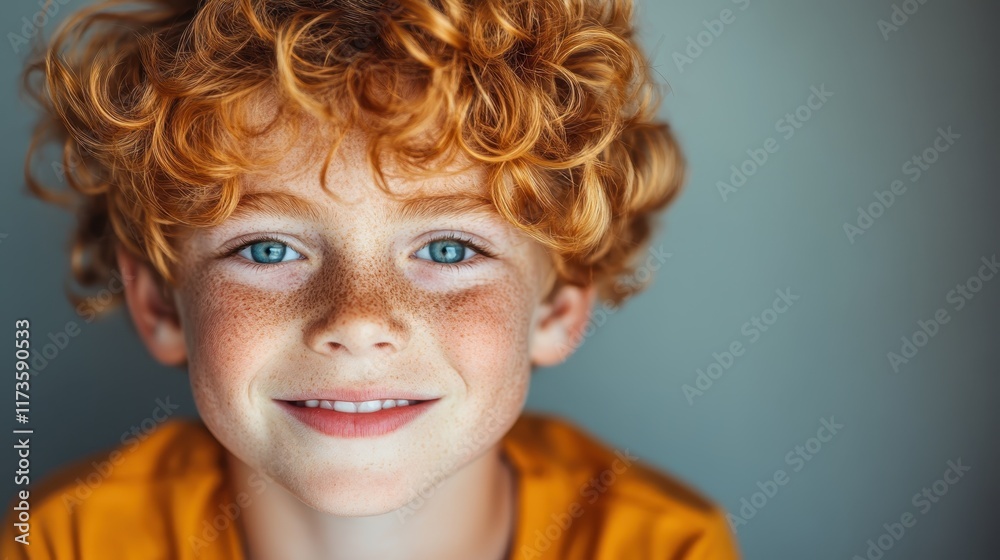 A bright-eyed young boy with curly red hair and freckles shows a gentle smile, symbolizing youthful wonder and pure delight in a warmly lit setting. A bright-eyed young boy with curly red hair and freckles shows a gentle smile, symbolizing youthful wonder and pure delight in a warmly lit setting.