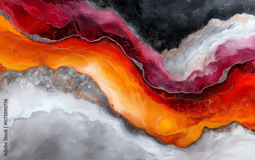 Fototapeta premium Abstract Fluid Art Painting Vibrant Red Orange and Grey Swirls