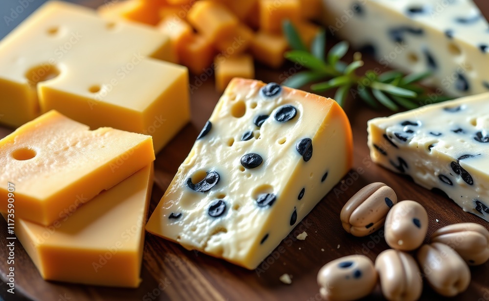 A selection of artisanal cheeses, including a creamy Camembert, a sharp cheddar, and a pungent blue cheese, displayed on a rustic wooden board. A selection of artisanal cheeses, including a creamy Camembert, a sharp cheddar, and a pungent blue cheese, displayed on a rustic wooden board.
