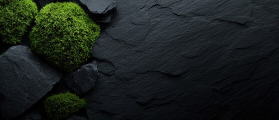A black background with green moss growing on it