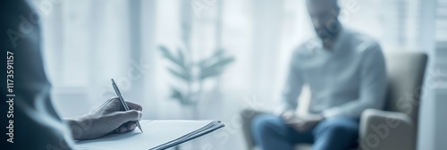 Psychologist is taking notes on clipboard during a psychotherapy session with a male patient sitting on an armchair, mental health and professional support concept