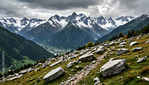 Vue spectaculaire sur les montagnes enneigées et la vallée photo