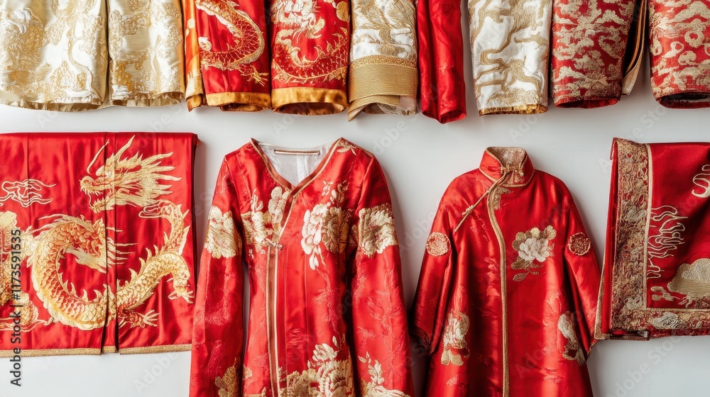 Naklejka premium Vibrant Festival Costumes with Dragon Motifs