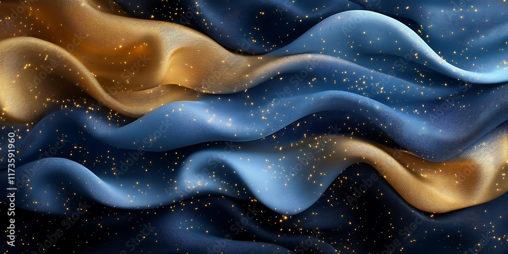 Obraz premium Blue and gold fabric waves, glittering texture, abstract background, design element.