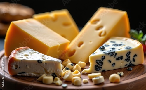 A selection of artisanal cheeses, including a creamy Camembert, a sharp cheddar, and a pungent blue cheese, displayed on a rustic wooden board. photo