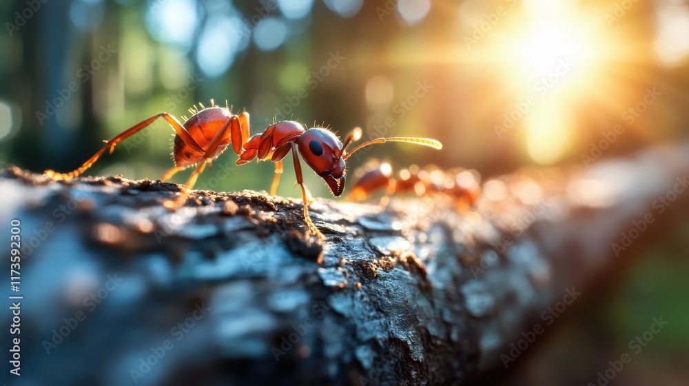 Ants on a sun-dappled branch, marching along, showcasing the beauty of nature, resilience, and determination amidst the warm, colorful backdrop of the vibrant woods. Ants on a sun-dappled branch, marching along, showcasing the beauty of nature, resilience, and determination amidst the warm, colorful backdrop of the vibrant woods.