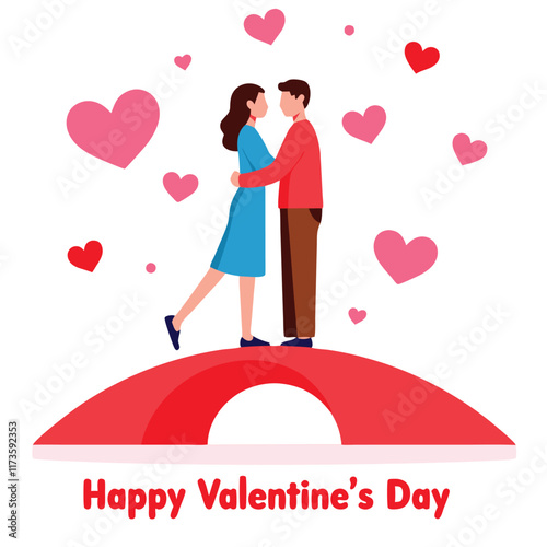 Romantic illustration of a couple standing on a bridge surrounded by hearts, expressing love.