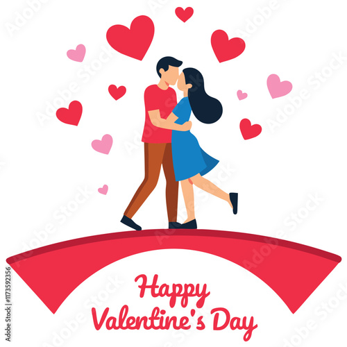 A romantic Valentine's Day illustration featuring a couple sharing a loving kiss on a red bridge, surrounded by floating hearts conveying love and affection in a festive atmosphere.