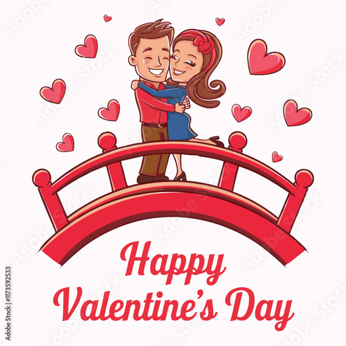 Illustration of a couple in love celebrating Valentine's Day on a bridge, surrounded by hearts symbolizing romance and love, a vibrant and cheerful depiction ideal for holiday and relationship themes.