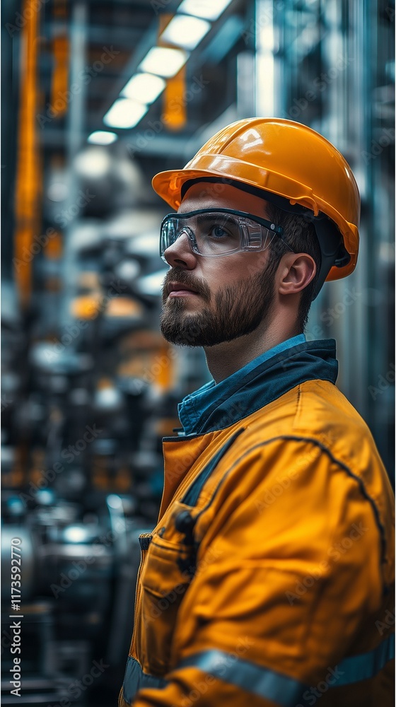 Inside a contemporary factory, a focused engineer wearing safety gear is operating industrial machinery while tools and machinery are seen in the background. Inside a contemporary factory, a focused engineer wearing safety gear is operating industrial machinery while tools and machinery are seen in the background.