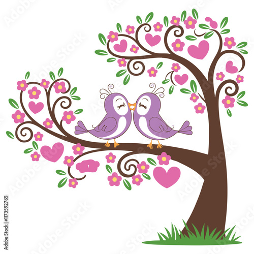 Illustration of two purple birds lovingly perched on a flowering tree adorned with hearts and pink blossoms, signifying love, romance, and the beauty of nature in springtime.