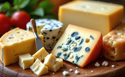 A selection of artisanal cheeses, including a creamy Camembert, a sharp cheddar, and a pungent blue cheese, displayed on a rustic wooden board. photo