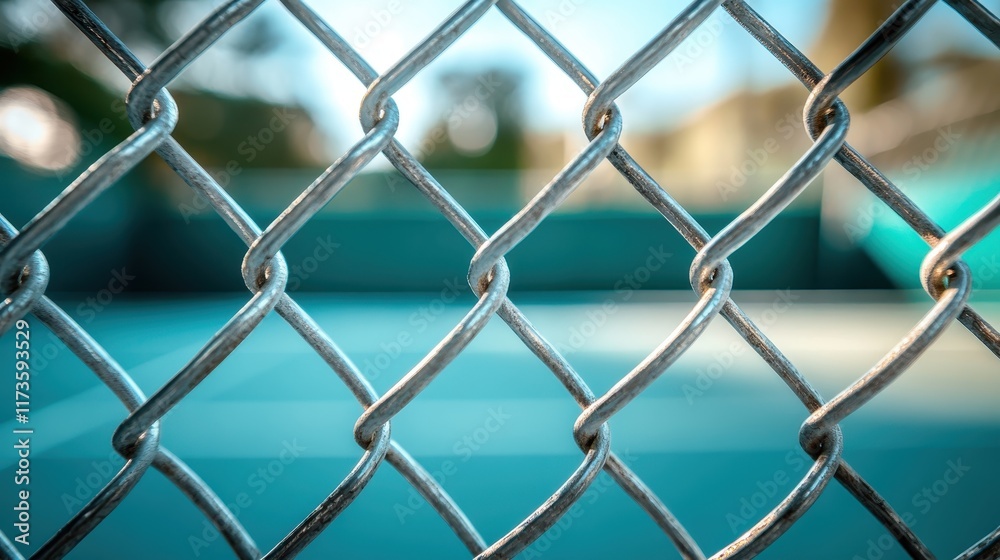 Fototapeta premium The photo captures the foreground with a silver chain-link fence in focus, while the blurred backdrop presents an empty blue tennis court under a slightly cloudy sky.