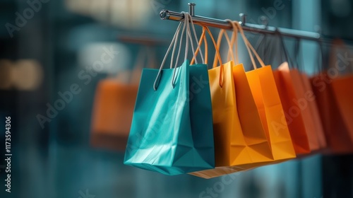 A collection of vibrant shopping bags, in shades of blue and orange, arranged on a metal rack, symbolizing retail and consumerism, with a soft blurred background. photo