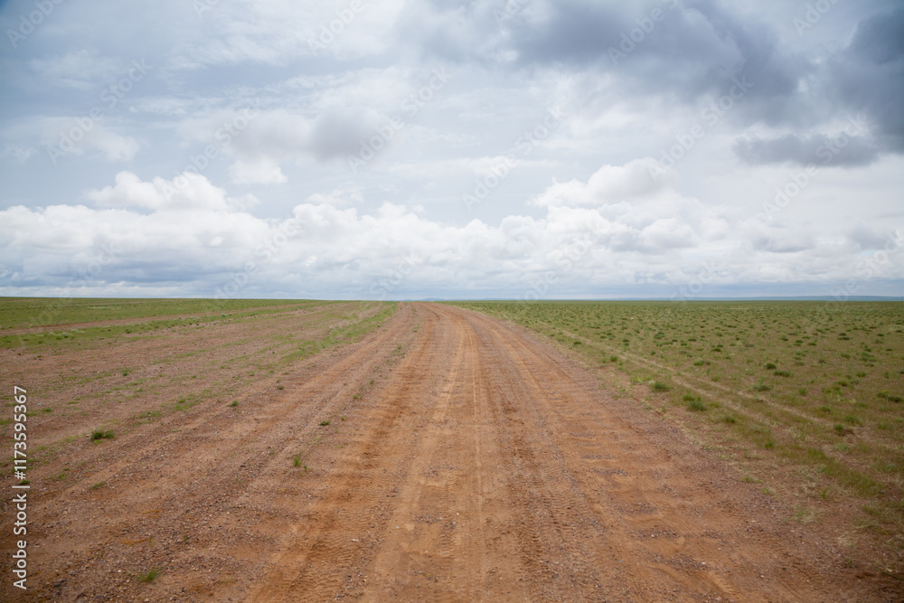 Dirt road in mongolian steppe, Gobi desert landscape, Mongolia Dirt road in mongolian steppe, Gobi desert landscape, Mongolia