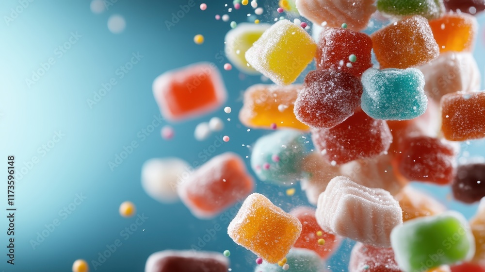 An explosion of mixed, colorful jelly candies captured mid-motion, surrounded by tiny sprinkles, showcasing a vibrant mixture of sweet indulgence.