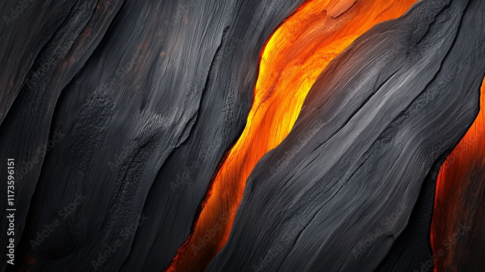 Fototapeta premium Glowing Ember Crack in Dark Wood Grain Texture Abstract Background